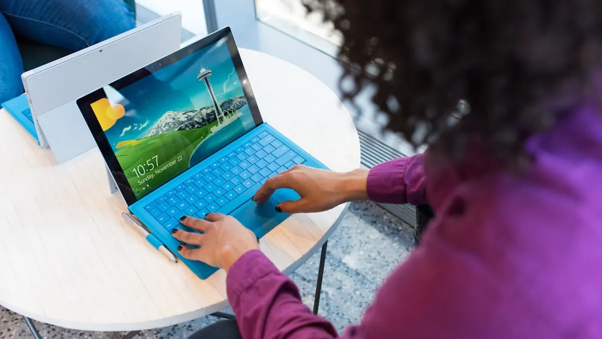 Person on a video call from a bright home workspace